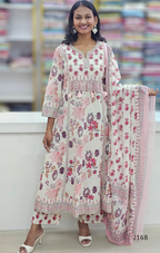 Woman wearing a floral dress with a matching dupatta in a store setting