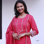 Coral pink cotton churidar set with printed dupatta border, straight-cut cotton kurti set for women, available at Beleza Calicut Kerala.