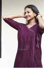 Wine purple mul cotton chikankari churidar set with lining, matching dupatta and tonal embroidery, available at Beleza Calicut Kerala.