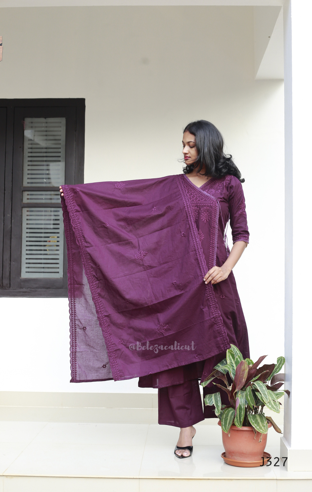 Wine purple mul cotton chikankari churidar set with lining, matching dupatta and tonal embroidery, available at Beleza Calicut Kerala.