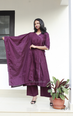 Wine purple mul cotton chikankari churidar set with lining, matching dupatta and tonal embroidery, available at Beleza Calicut Kerala.