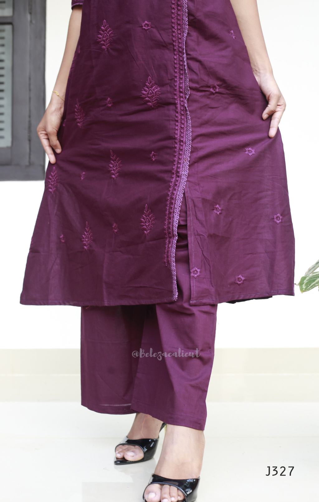 Wine purple mul cotton chikankari churidar set with lining, matching dupatta and tonal embroidery, available at Beleza Calicut Kerala.