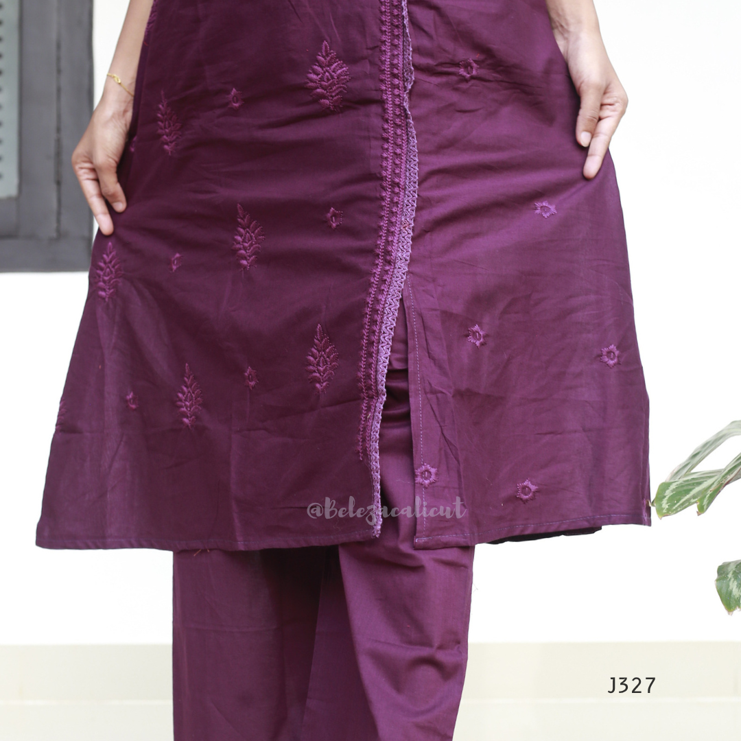 Wine purple mul cotton chikankari churidar set with lining, matching dupatta and tonal embroidery, available at Beleza Calicut Kerala.