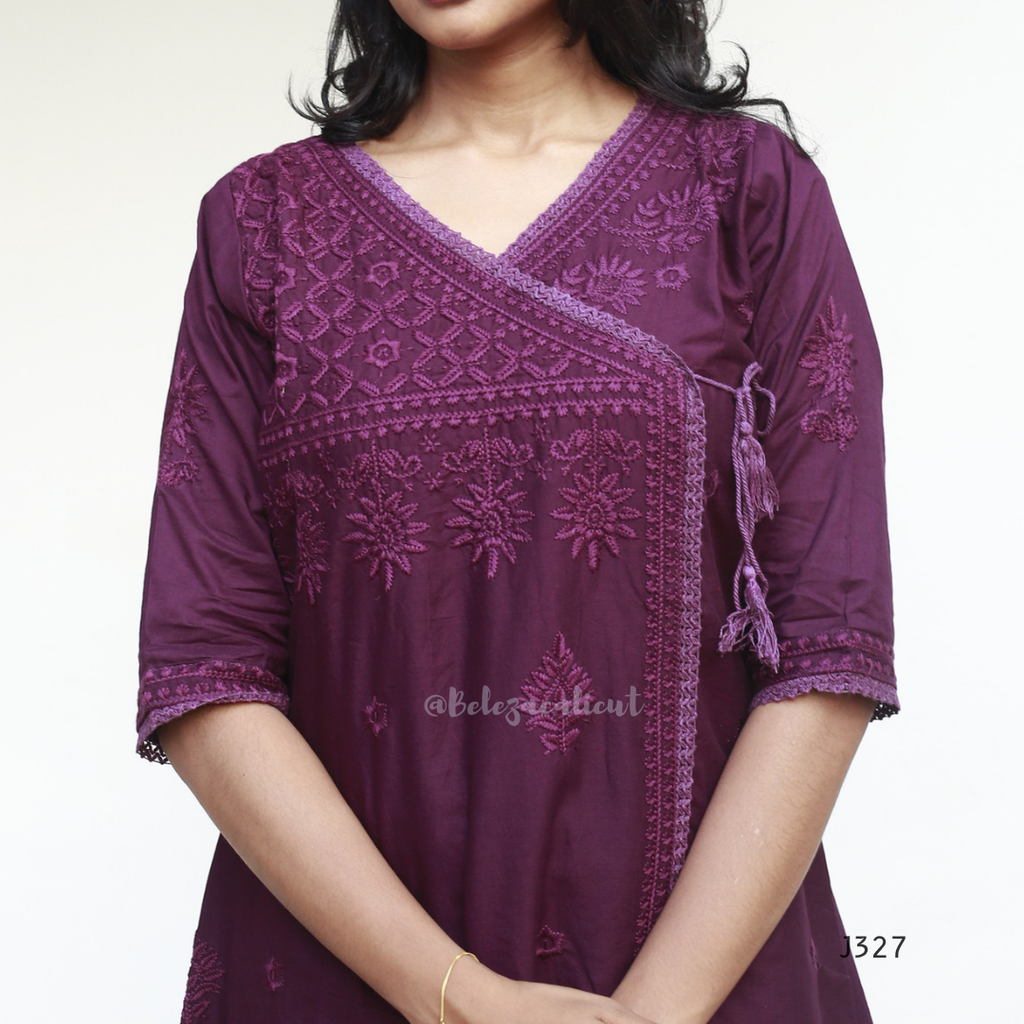 Wine purple mul cotton chikankari churidar set with lining, matching dupatta and tonal embroidery, available at Beleza Calicut Kerala.