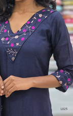 Navy blue kurta with floral embroidery on neckline and sleeves, brand 'L025' visible.
