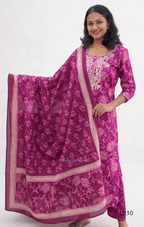 Woman wearing a pink traditional outfit with a matching dupatta on a white background