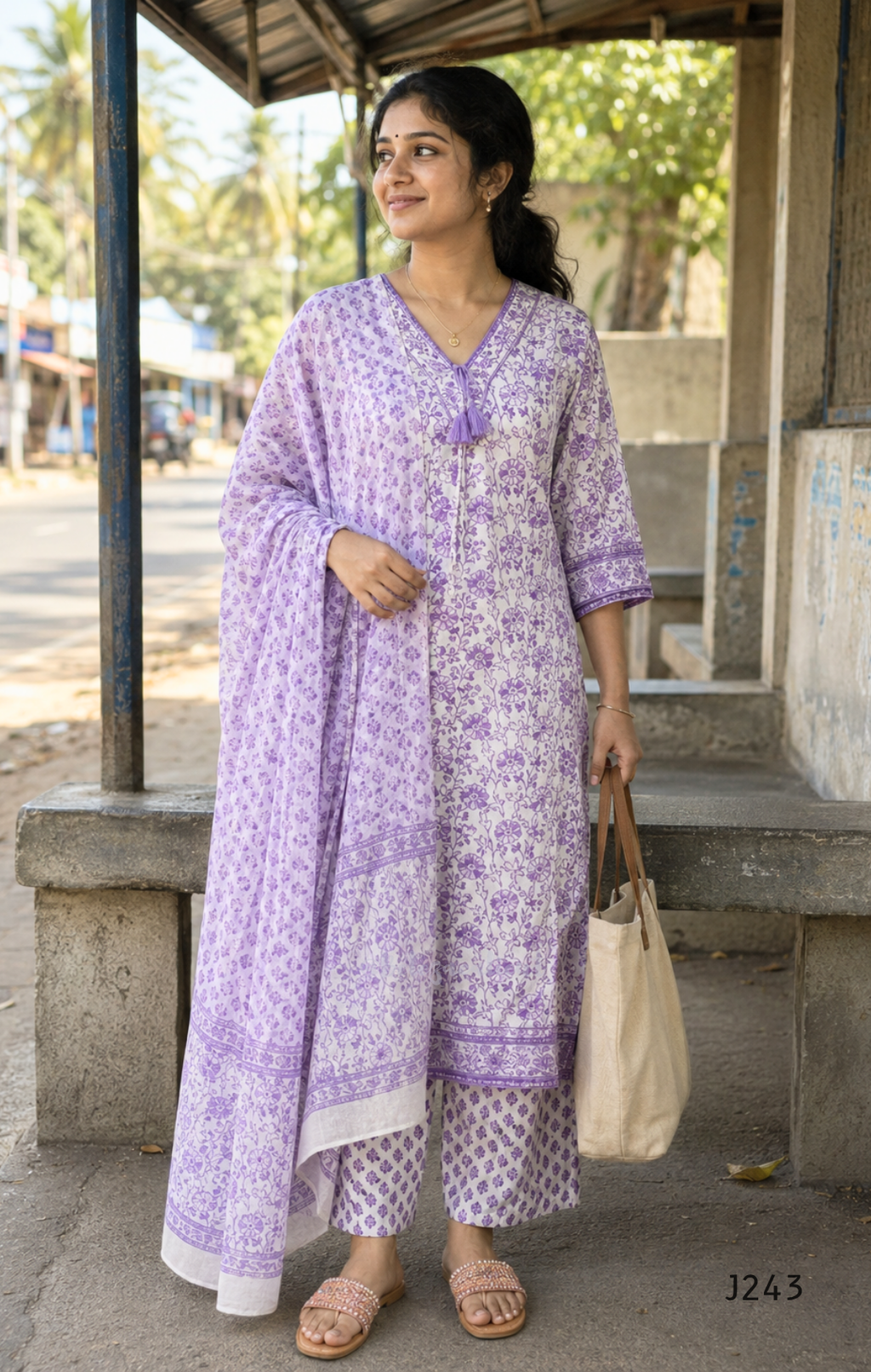 Soft cream and lavender cotton churidar set with floral print, dupatta and mirror-style neckline. Available at Beleza Calicut.