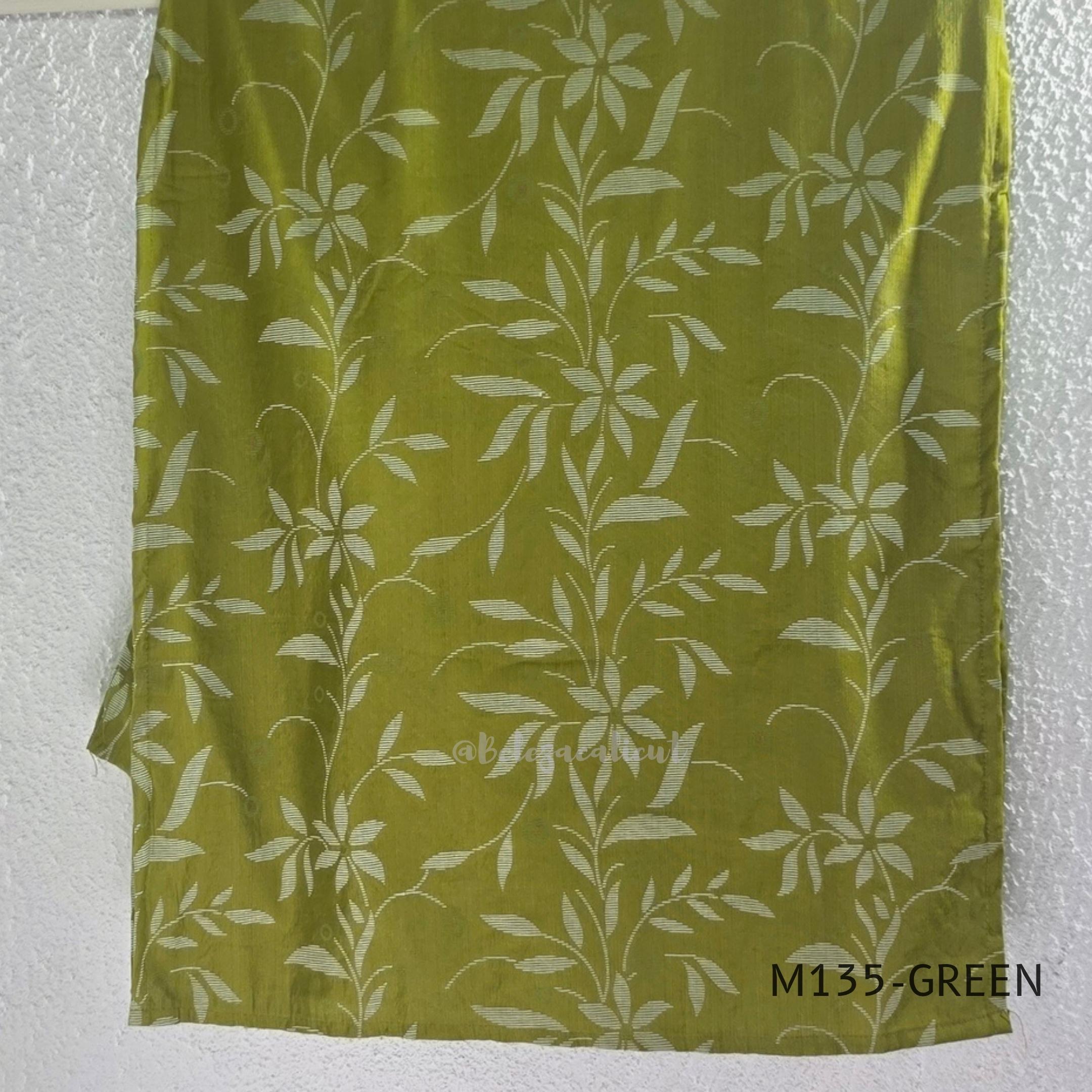 Leaf green silk blend 2-piece set with ivory botanical print, embellished deep neckline, three-quarter sleeves and matching plain bottom.
