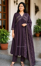 Deep Plum Cotton Suit Set with Mirror Detail