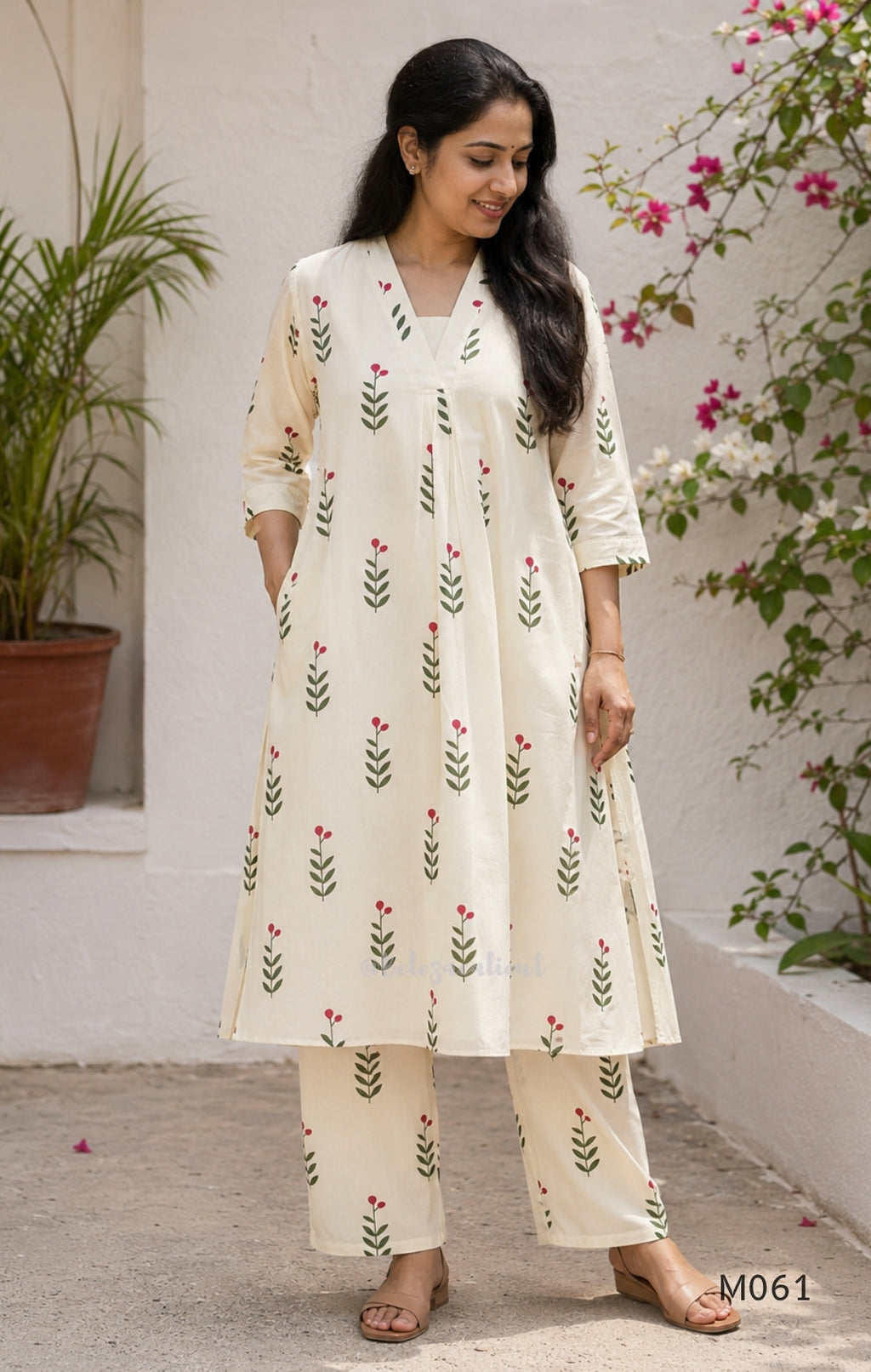 Ivory Pink Blossom Cotton Lined 2-Piece A-Line Set