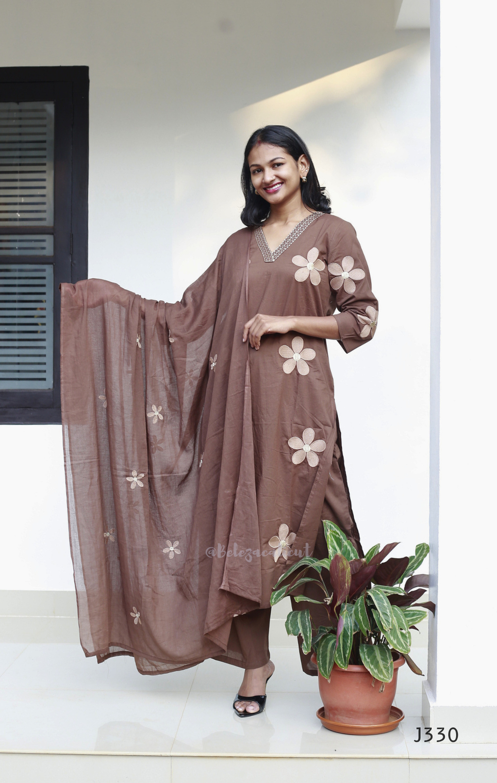 Mocha Brown Cotton Churidar Set | Beleza Calicut