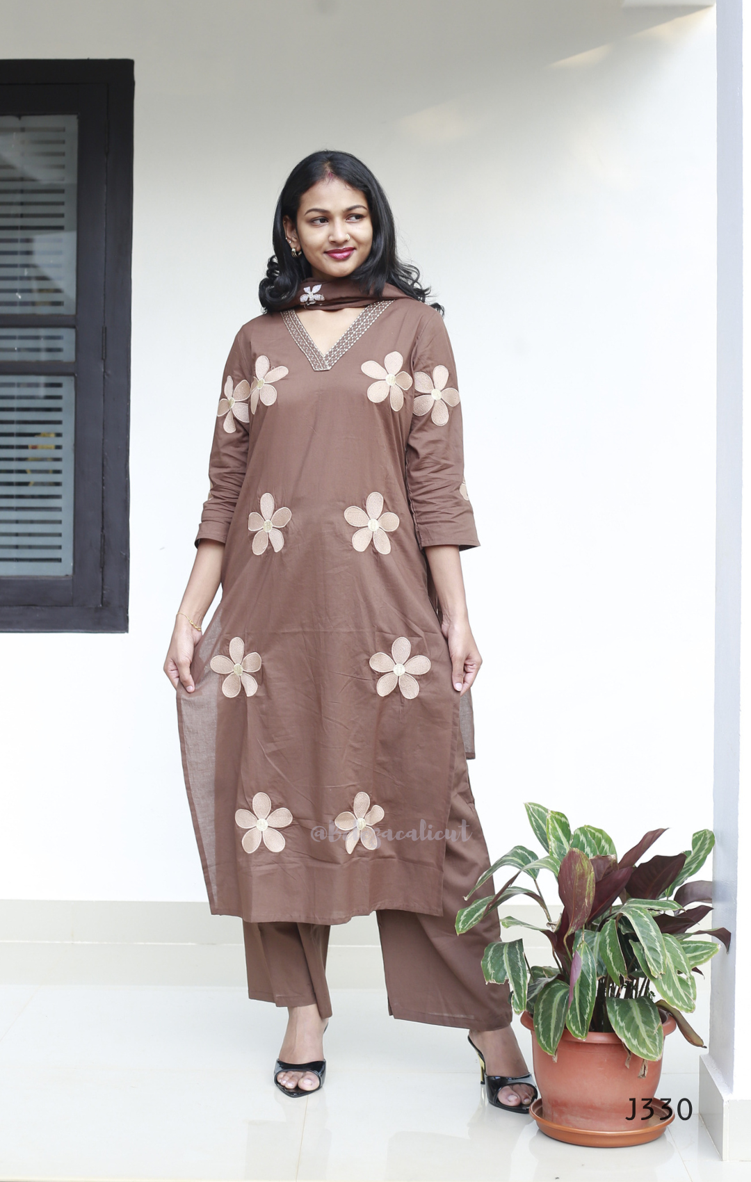 Mocha Brown Cotton Churidar Set | Beleza Calicut
