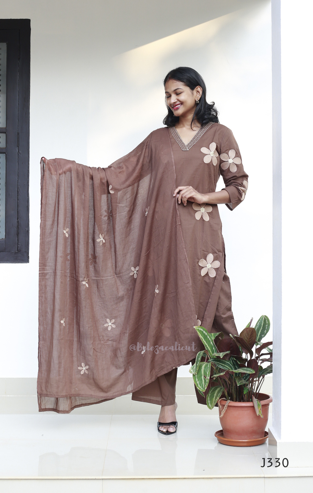 Mocha Brown Cotton Churidar Set | Beleza Calicut