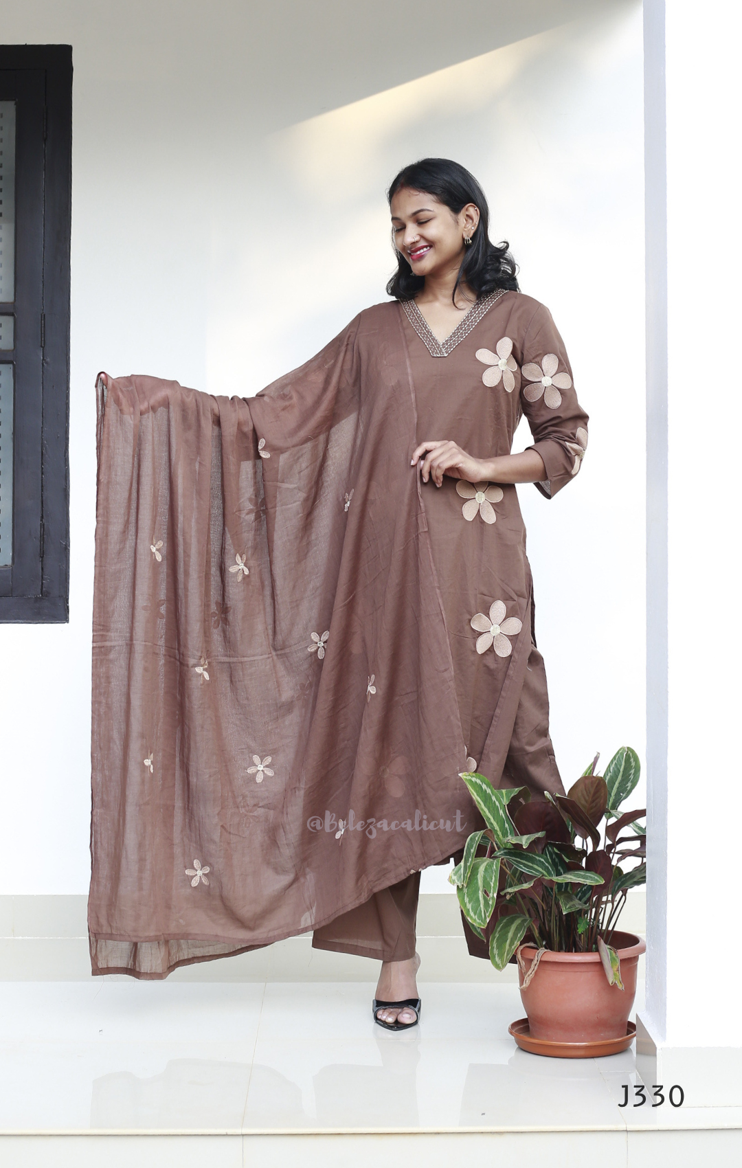 Mocha Brown Cotton Churidar Set | Beleza Calicut