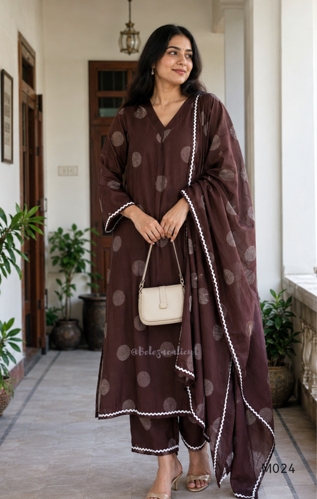 Mul chanderi 3-piece churidar set with large circle print, matching dupatta and bottom, white scallop-style border, available in brown, olive, maroon, and black.