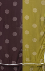 Mul chanderi 3-piece churidar set with large circle print, matching dupatta and bottom, white scallop-style border, available in brown, olive, maroon, and black.