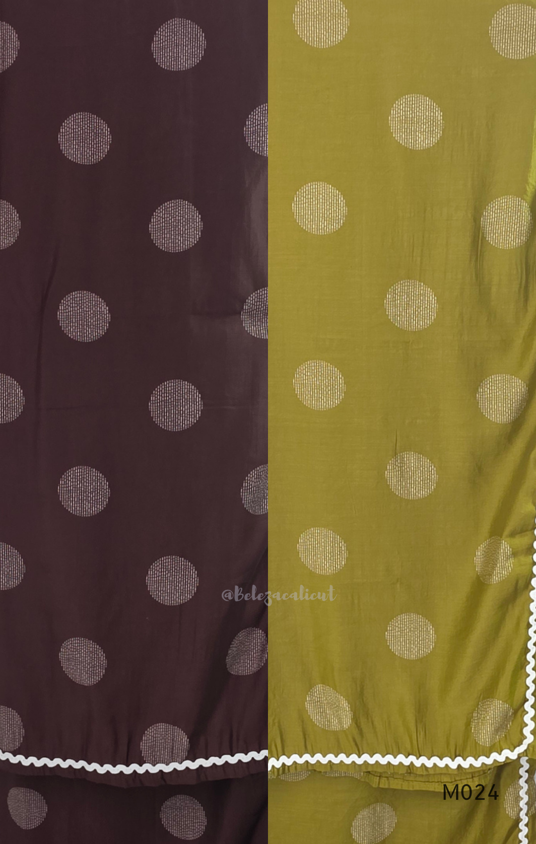 Mul chanderi 3-piece churidar set with large circle print, matching dupatta and bottom, white scallop-style border, available in brown, olive, maroon, and black.
