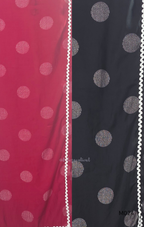 Mul chanderi 3-piece churidar set with large circle print, matching dupatta and bottom, white scallop-style border, available in brown, olive, maroon, and black.