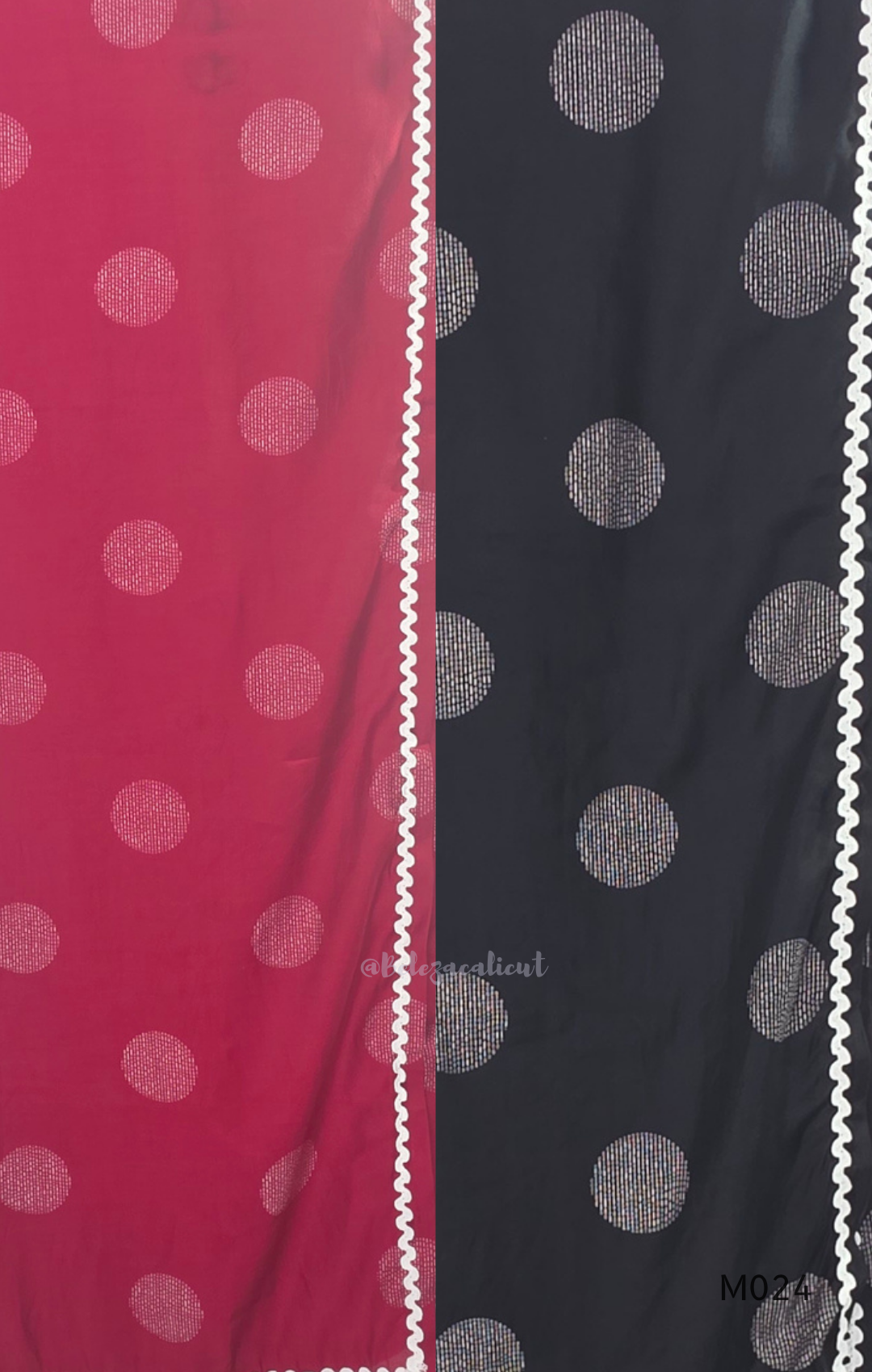 Mul chanderi 3-piece churidar set with large circle print, matching dupatta and bottom, white scallop-style border, available in brown, olive, maroon, and black.