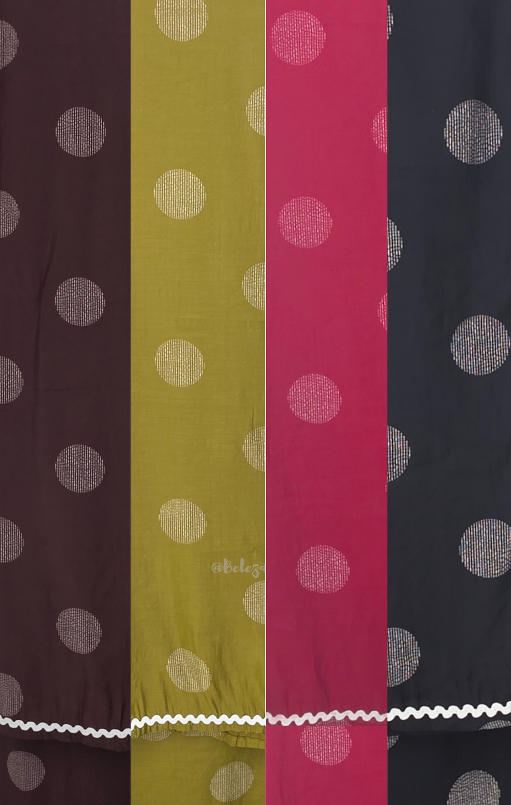 Mul chanderi 3-piece churidar set with large circle print, matching dupatta and bottom, white scallop-style border, available in brown, olive, maroon, and black.