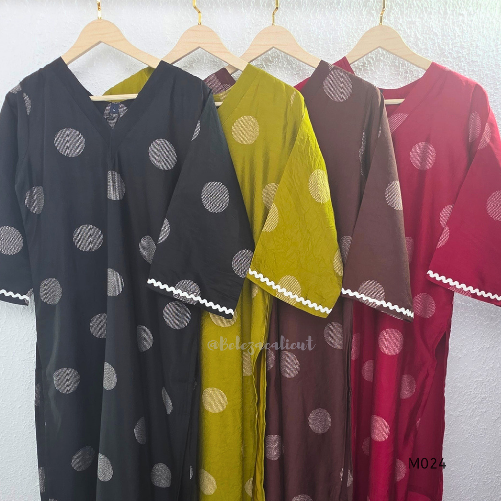 Mul chanderi 3-piece churidar set with large circle print, matching dupatta and bottom, white scallop-style border, available in brown, olive, maroon, and black.
