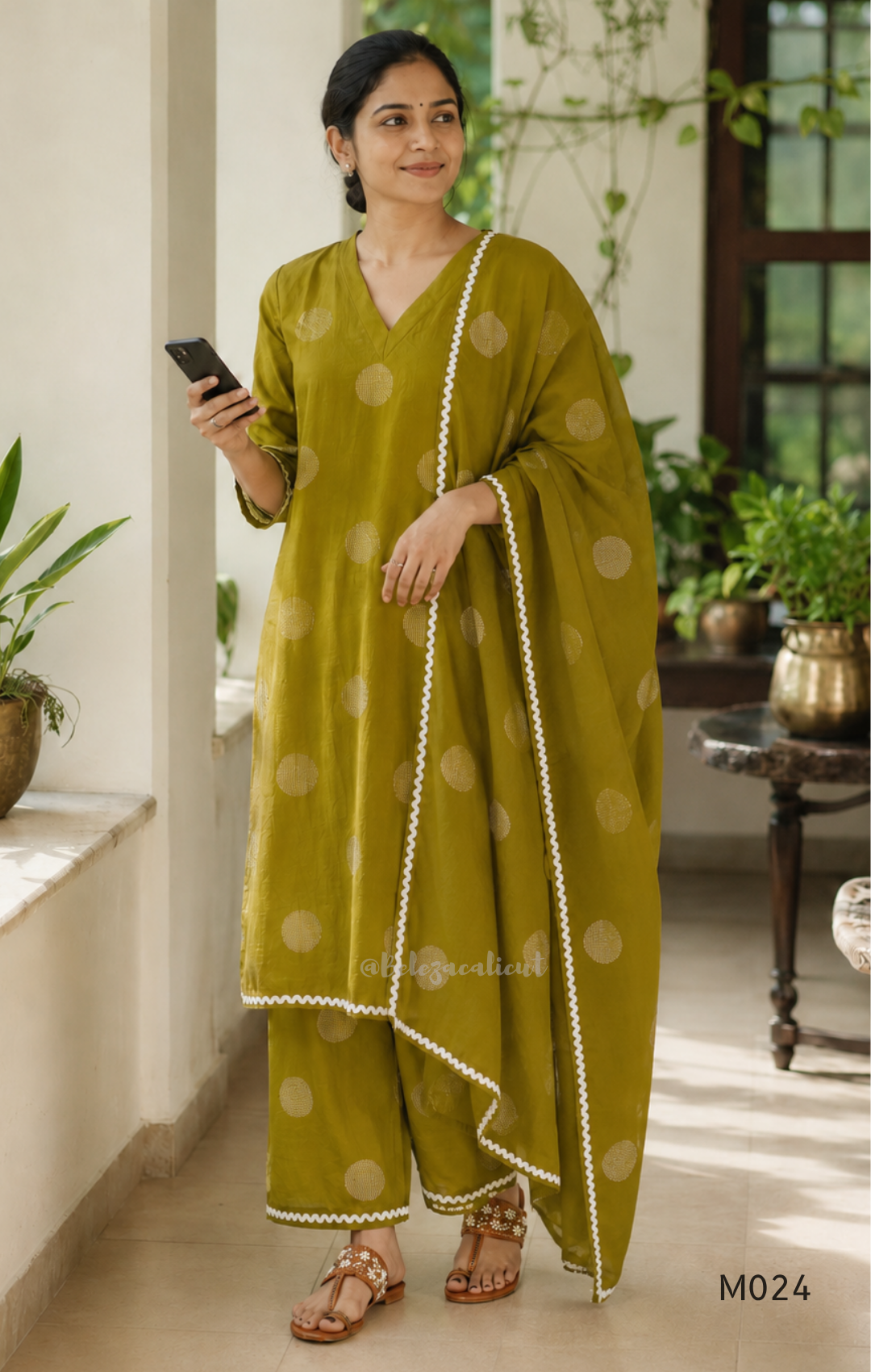 Mul chanderi 3-piece churidar set with large circle print, matching dupatta and bottom, white scallop-style border, available in brown, olive, maroon, and black.
