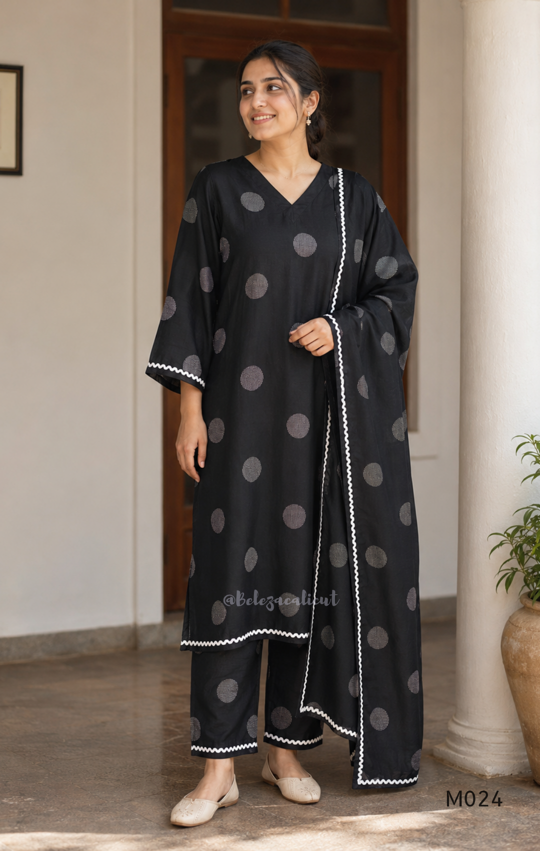 Mul chanderi 3-piece churidar set with large circle print, matching dupatta and bottom, white scallop-style border, available in brown, olive, maroon, and black.