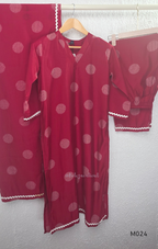 Mul chanderi 3-piece churidar set with large circle print, matching dupatta and bottom, white scallop-style border, available in brown, olive, maroon, and black.