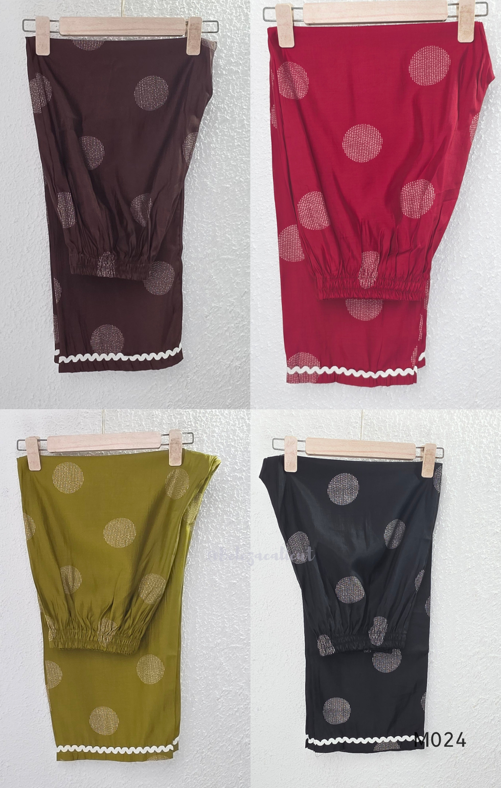 Mul chanderi 3-piece churidar set with large circle print, matching dupatta and bottom, white scallop-style border, available in brown, olive, maroon, and black.