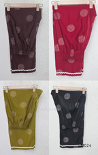 Mul chanderi 3-piece churidar set with large circle print, matching dupatta and bottom, white scallop-style border, available in brown, olive, maroon, and black.