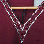 Maroon mul chanderi churidar set with silver sequin neckline, sleeve detailing, matching bottom and dupatta at Beleza Calicut.