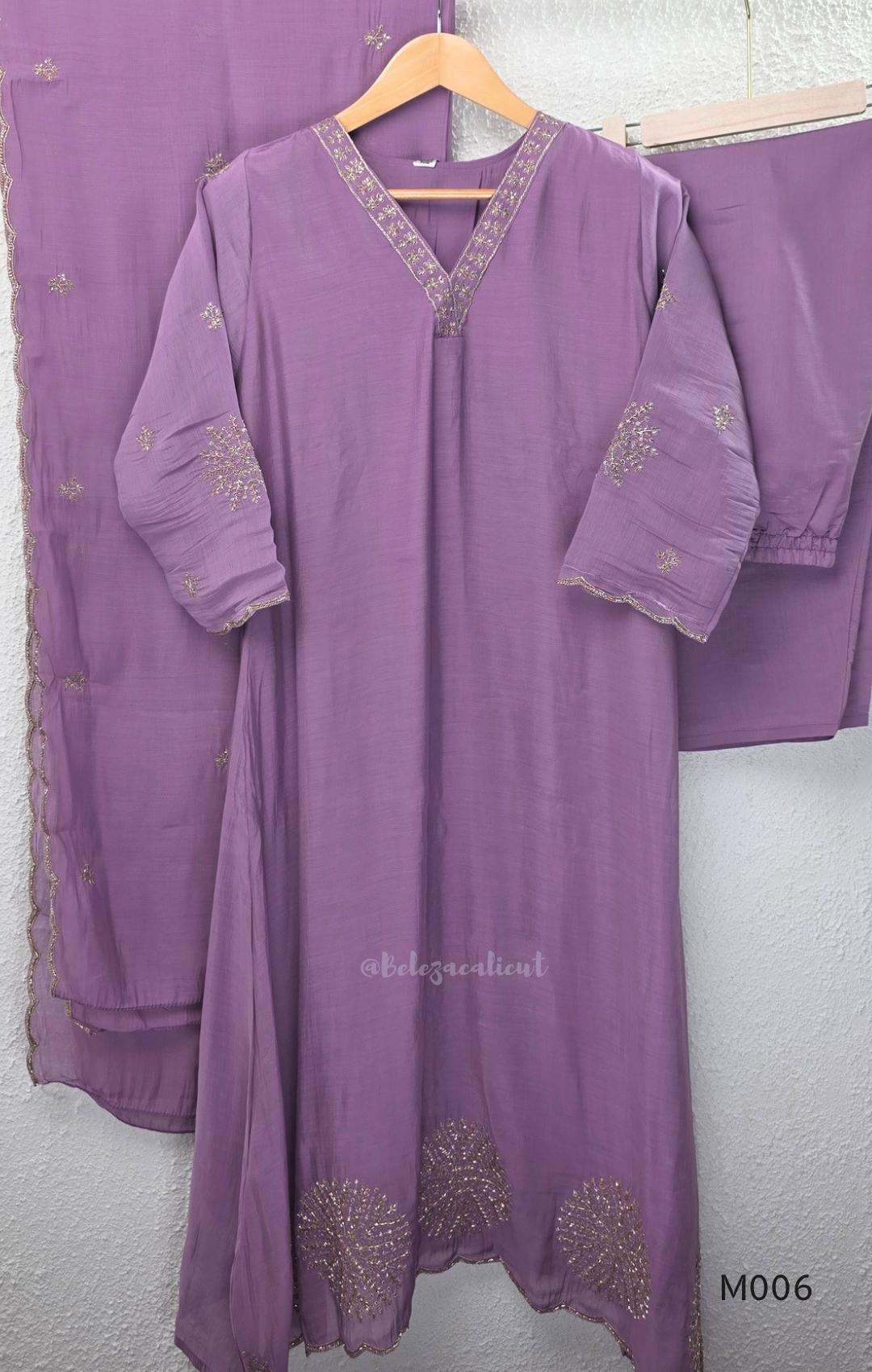 Mul chanderi embroidered A-line 3-piece churidar set with matching dupatta and bottom in festive colour options.