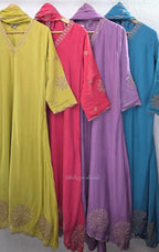 Mul chanderi embroidered A-line 3-piece churidar set with matching dupatta and bottom in festive colour options.