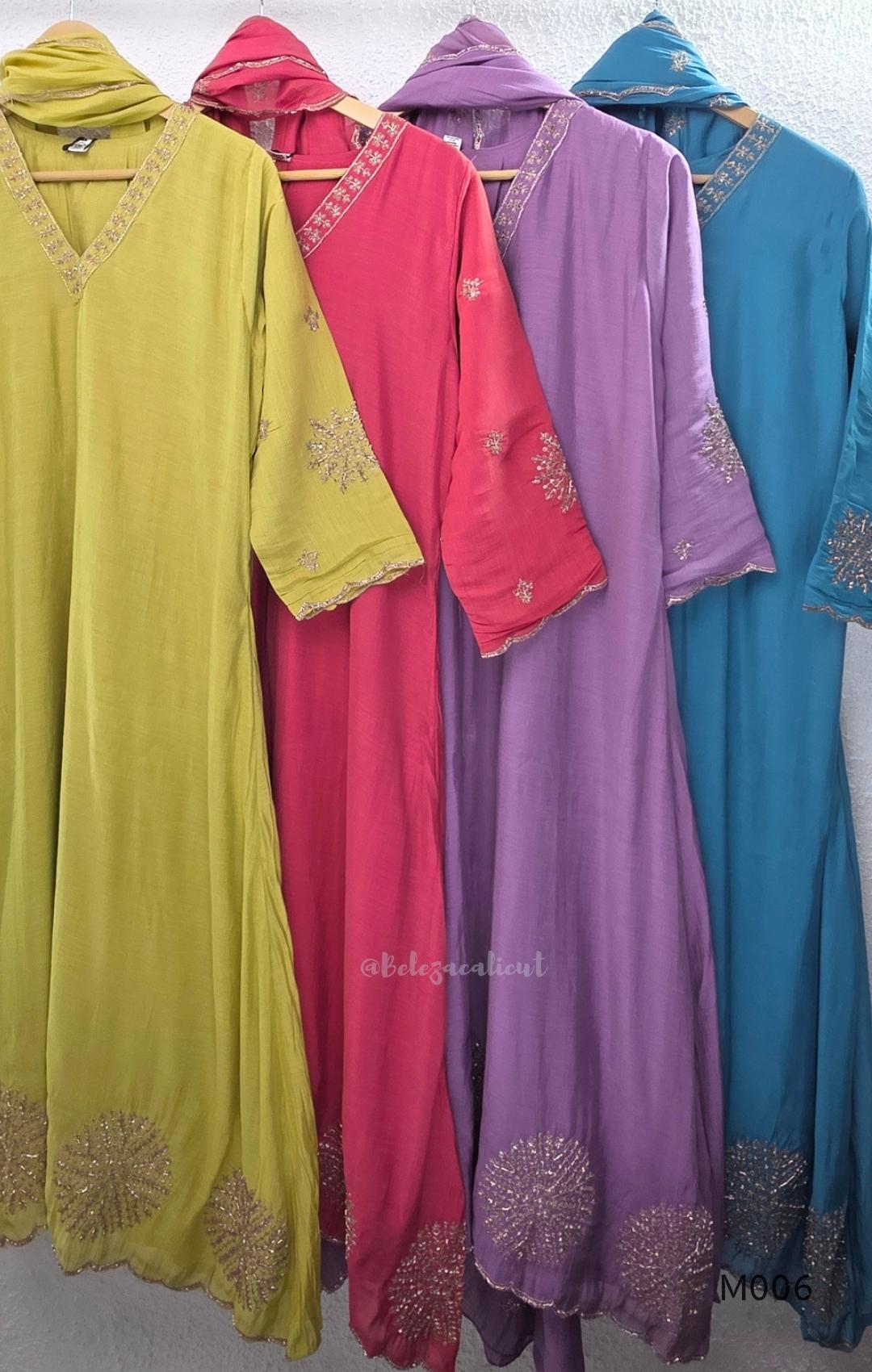 Mul chanderi embroidered A-line 3-piece churidar set with matching dupatta and bottom in festive colour options.