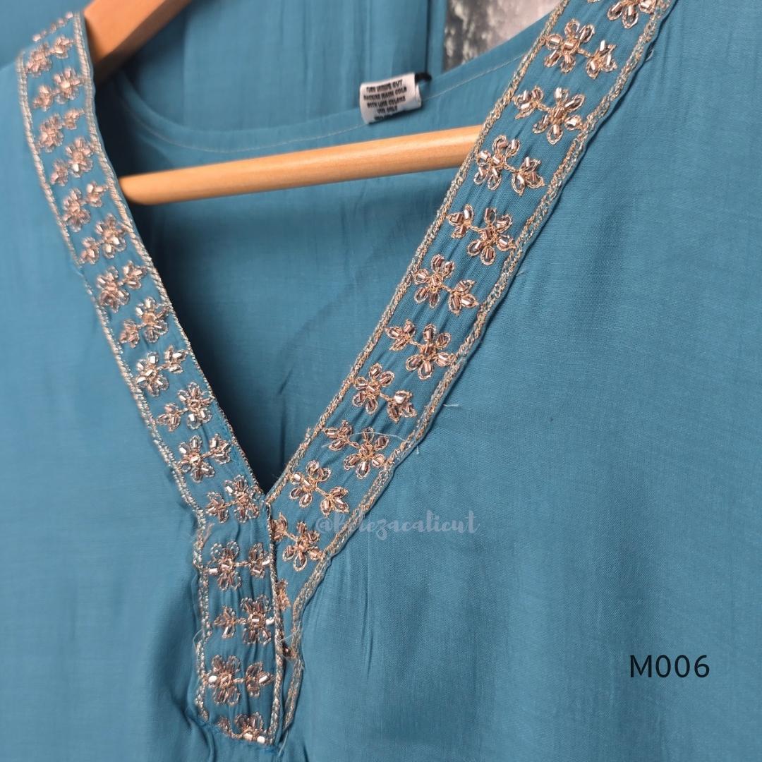 Mul chanderi embroidered A-line 3-piece churidar set with matching dupatta and bottom in festive colour options.