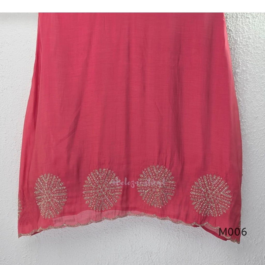 Mul chanderi embroidered A-line 3-piece churidar set with matching dupatta and bottom in festive colour options.