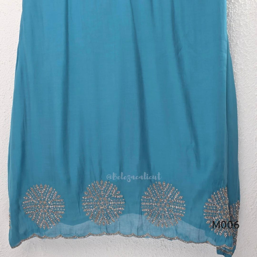 Mul chanderi embroidered A-line 3-piece churidar set with matching dupatta and bottom in festive colour options.