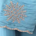Mul chanderi embroidered A-line 3-piece churidar set with matching dupatta and bottom in festive colour options.