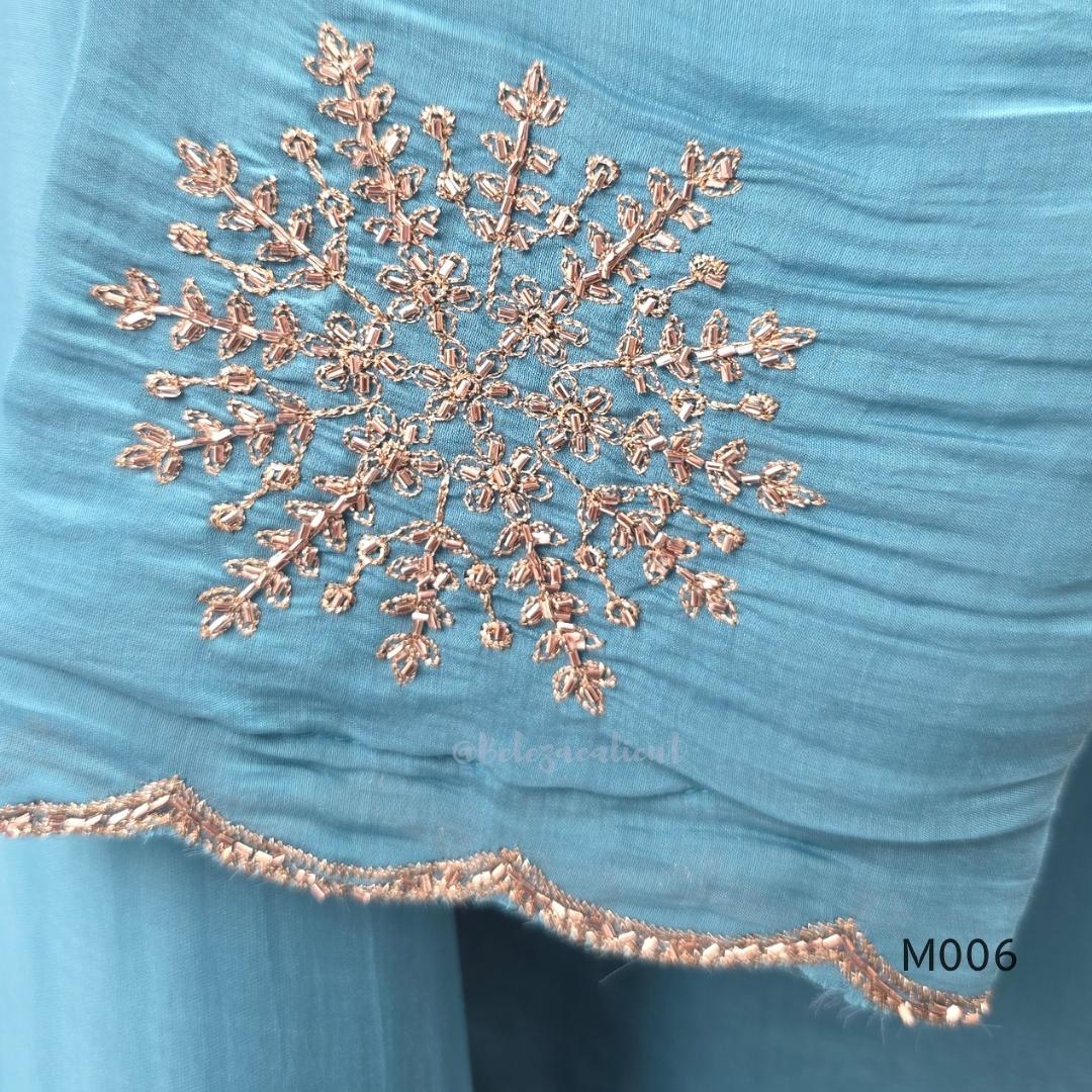 Mul chanderi embroidered A-line 3-piece churidar set with matching dupatta and bottom in festive colour options.