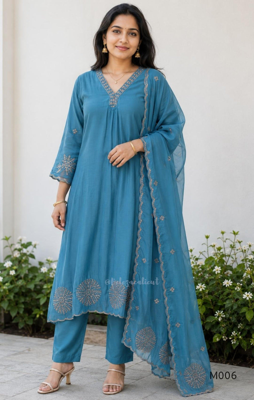 Mul chanderi embroidered A-line 3-piece churidar set with matching dupatta and bottom in festive colour options.