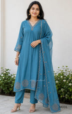 Mul chanderi embroidered A-line 3-piece churidar set with matching dupatta and bottom in festive colour options.