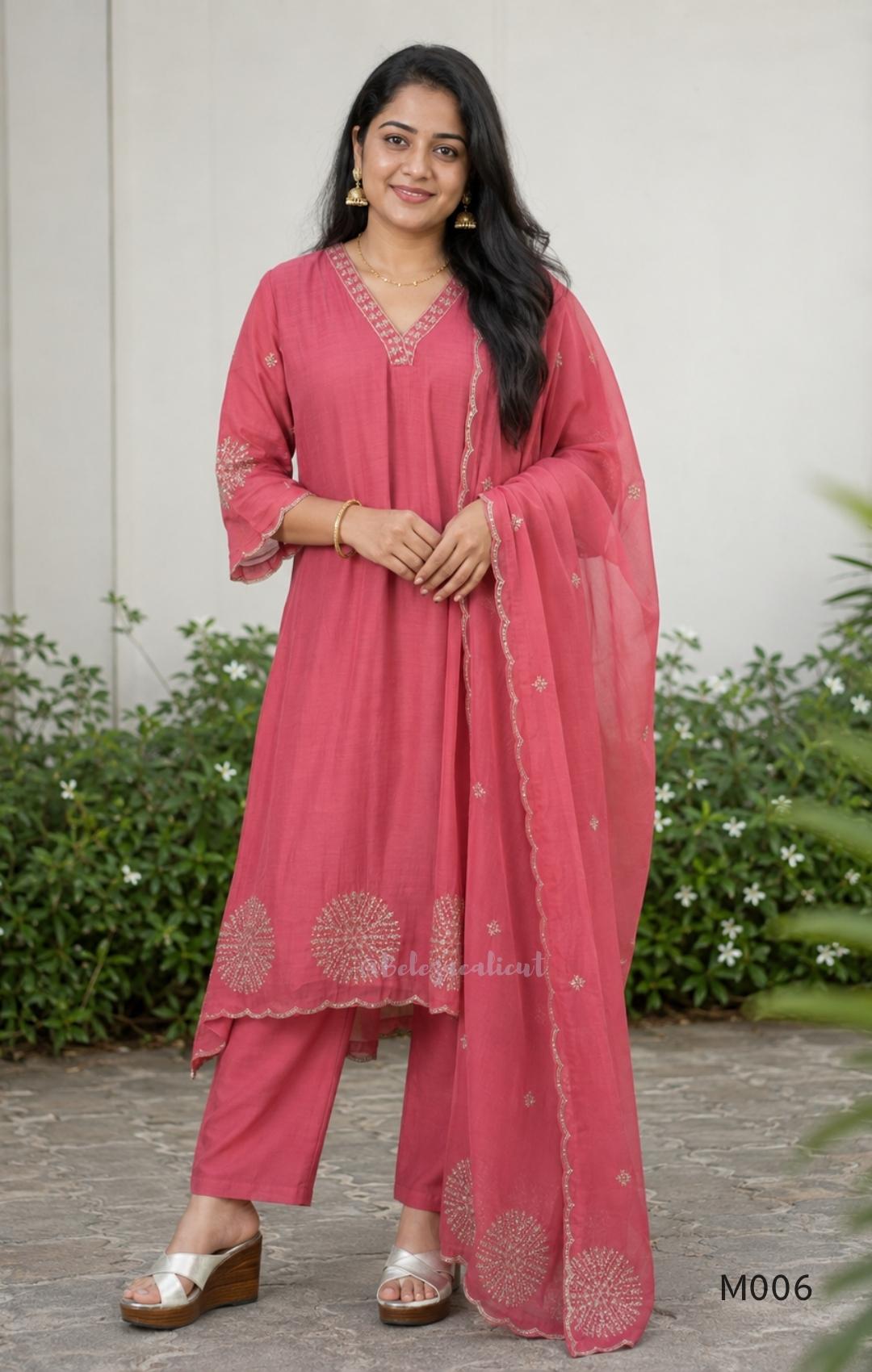 Mul chanderi embroidered A-line 3-piece churidar set with matching dupatta and bottom in festive colour options.