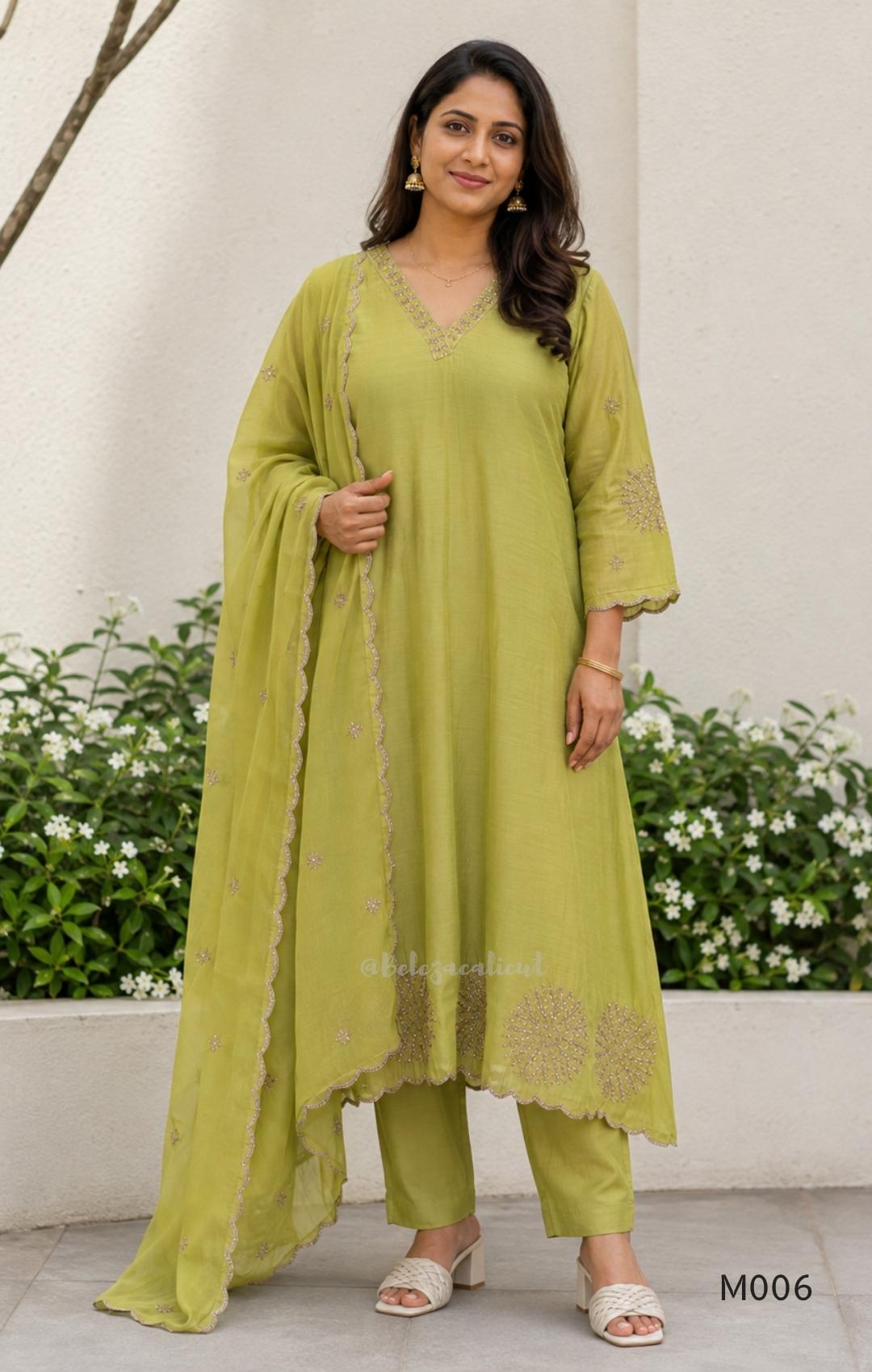 Mul chanderi embroidered A-line 3-piece churidar set with matching dupatta and bottom in festive colour options.