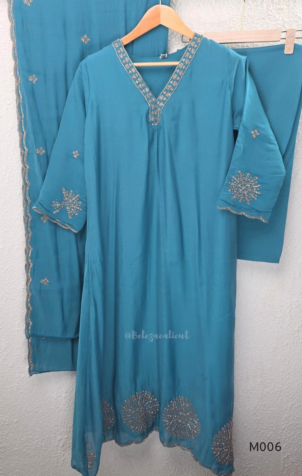 Mul chanderi embroidered A-line 3-piece churidar set with matching dupatta and bottom in festive colour options.