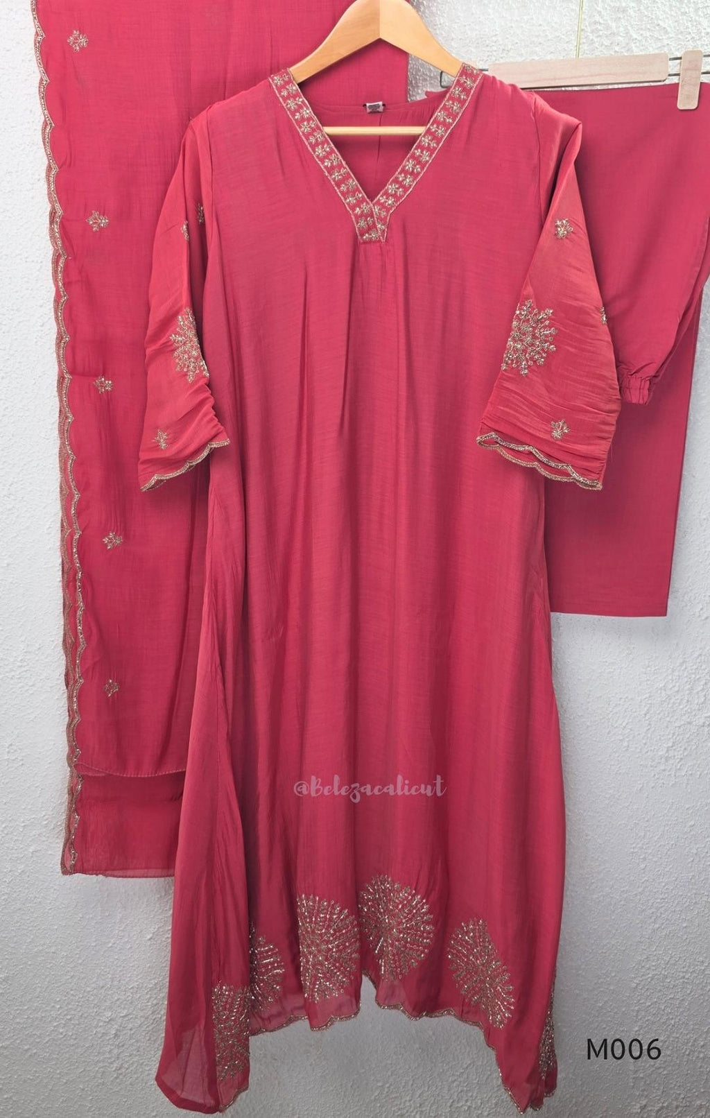 Mul chanderi embroidered A-line 3-piece churidar set with matching dupatta and bottom in festive colour options.