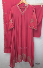 Mul chanderi embroidered A-line 3-piece churidar set with matching dupatta and bottom in festive colour options.