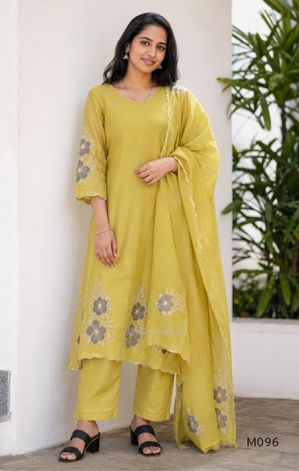 Mul chanderi floral embroidered A-line 3-piece ethnic wear set with matching bottom and dupatta in four colours.