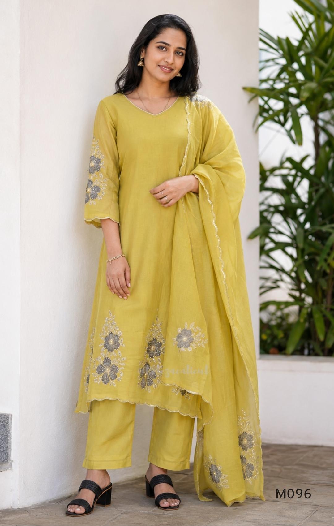 Mul chanderi floral embroidered A-line 3-piece ethnic wear set with matching bottom and dupatta in four colours.