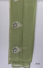 Mul chanderi floral embroidered A-line 3-piece ethnic wear set with matching bottom and dupatta in four colours.