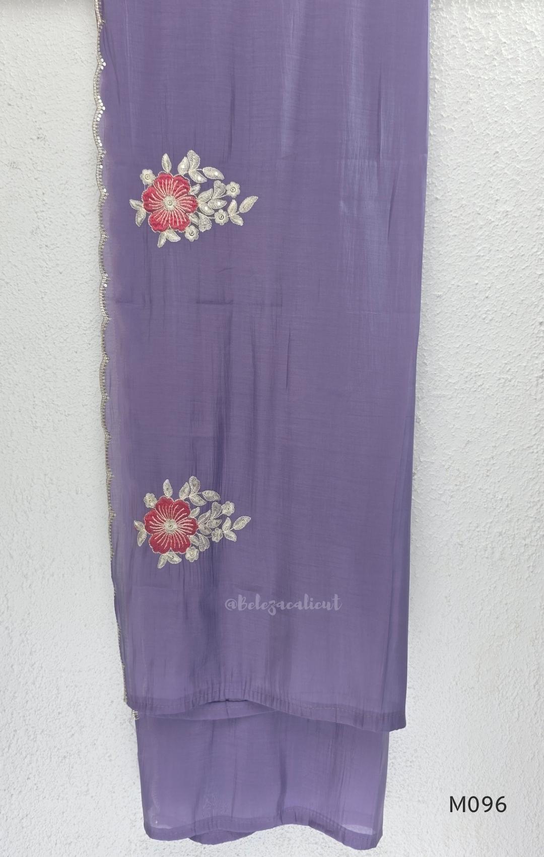 Mul chanderi floral embroidered A-line 3-piece ethnic wear set with matching bottom and dupatta in four colours.